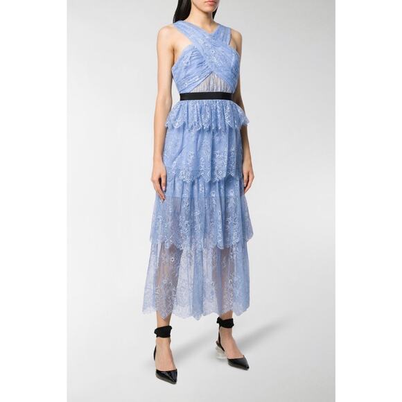 Self-Portrait Blue Lace Midi Dress Crisscross Bodice US 4 Elegant Evening - Picture 1 of 13